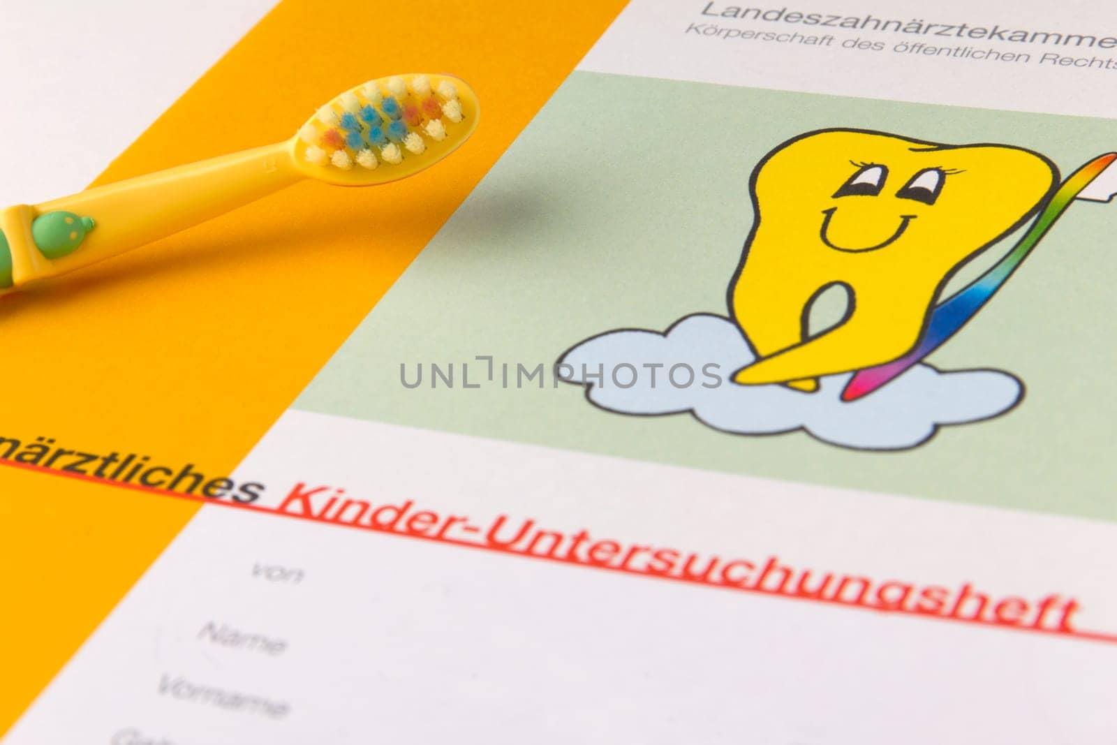 Children's examination booklet from the dentist,on it a children's toothbrush
