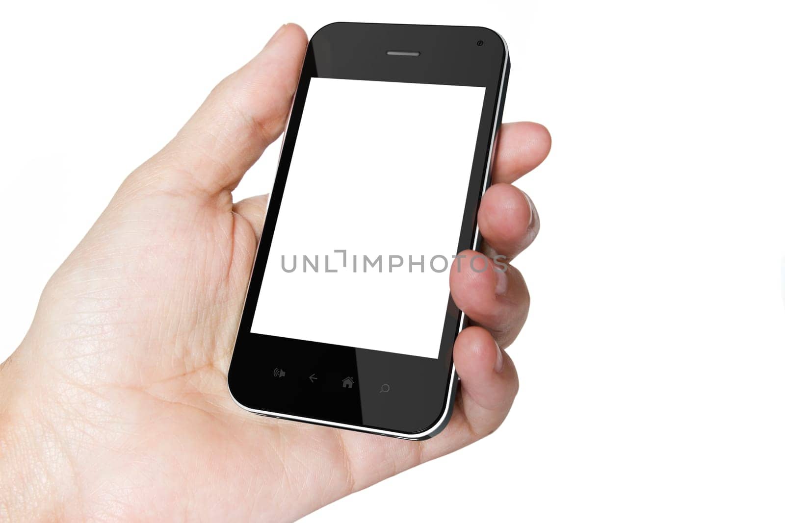 Hand holding Smartphone with Blank Screen isolated on white