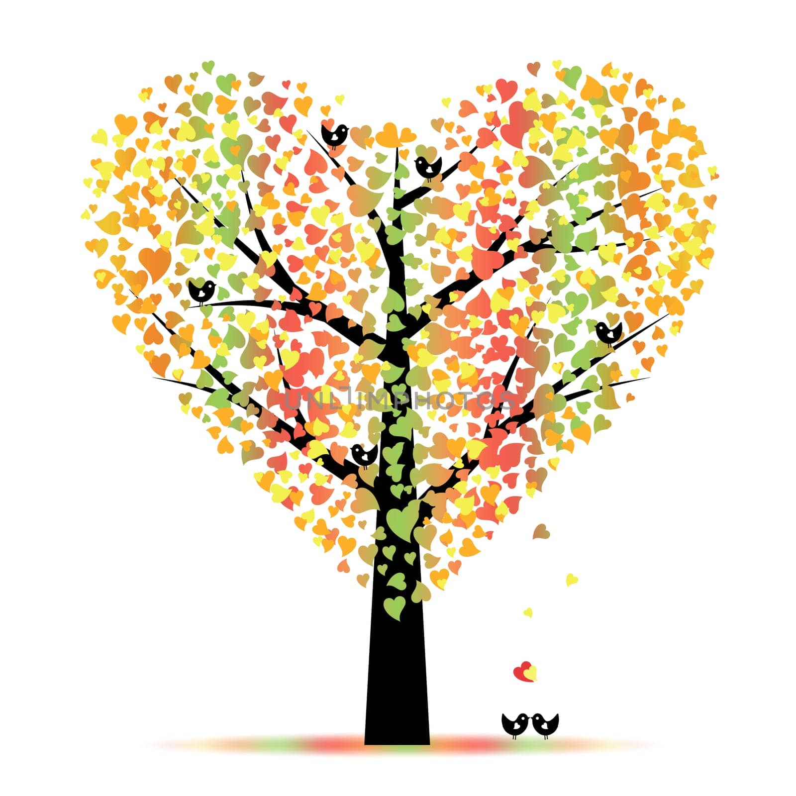 Valentine tree with hearts leaves and birds