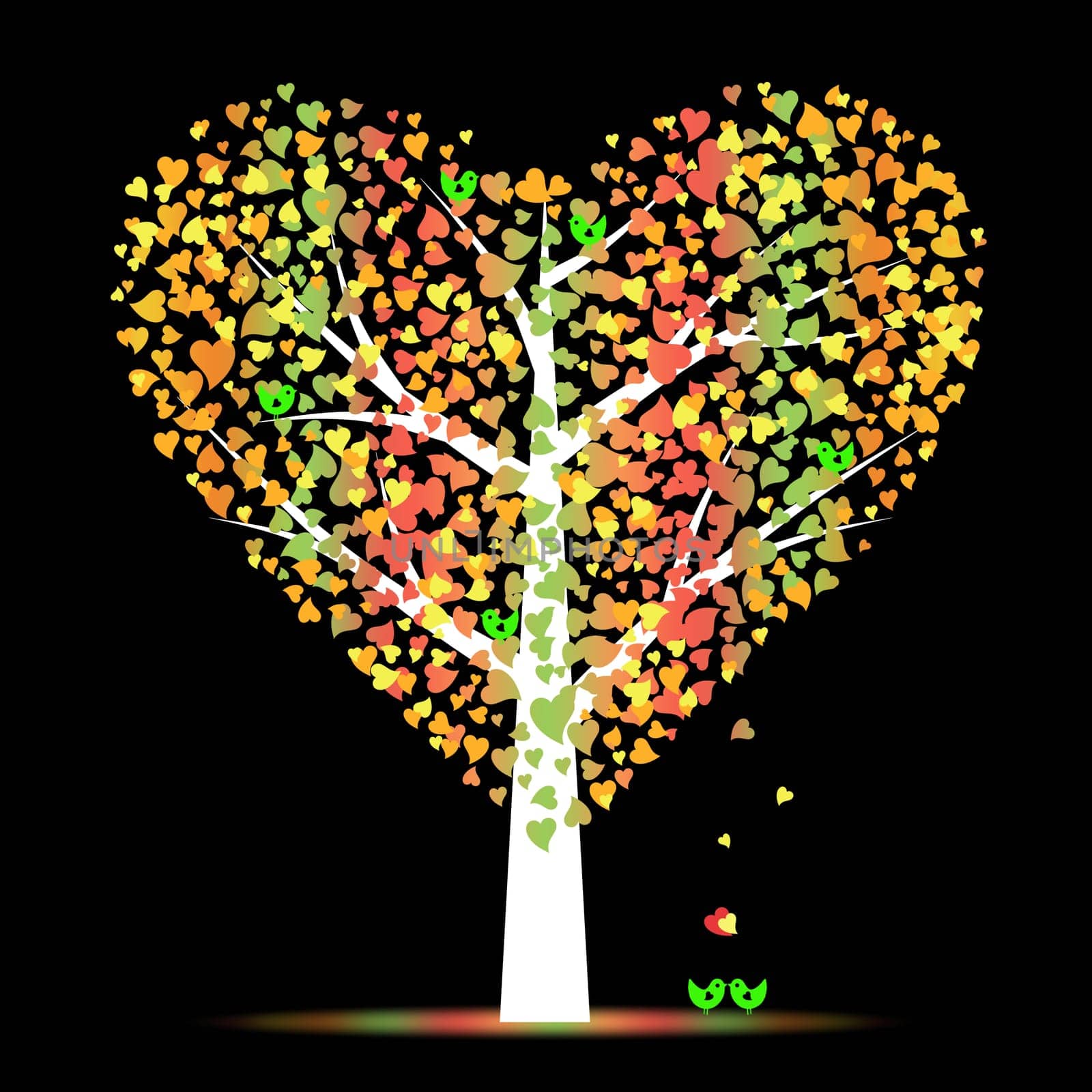 Valentine tree with hearts leaves and birds
