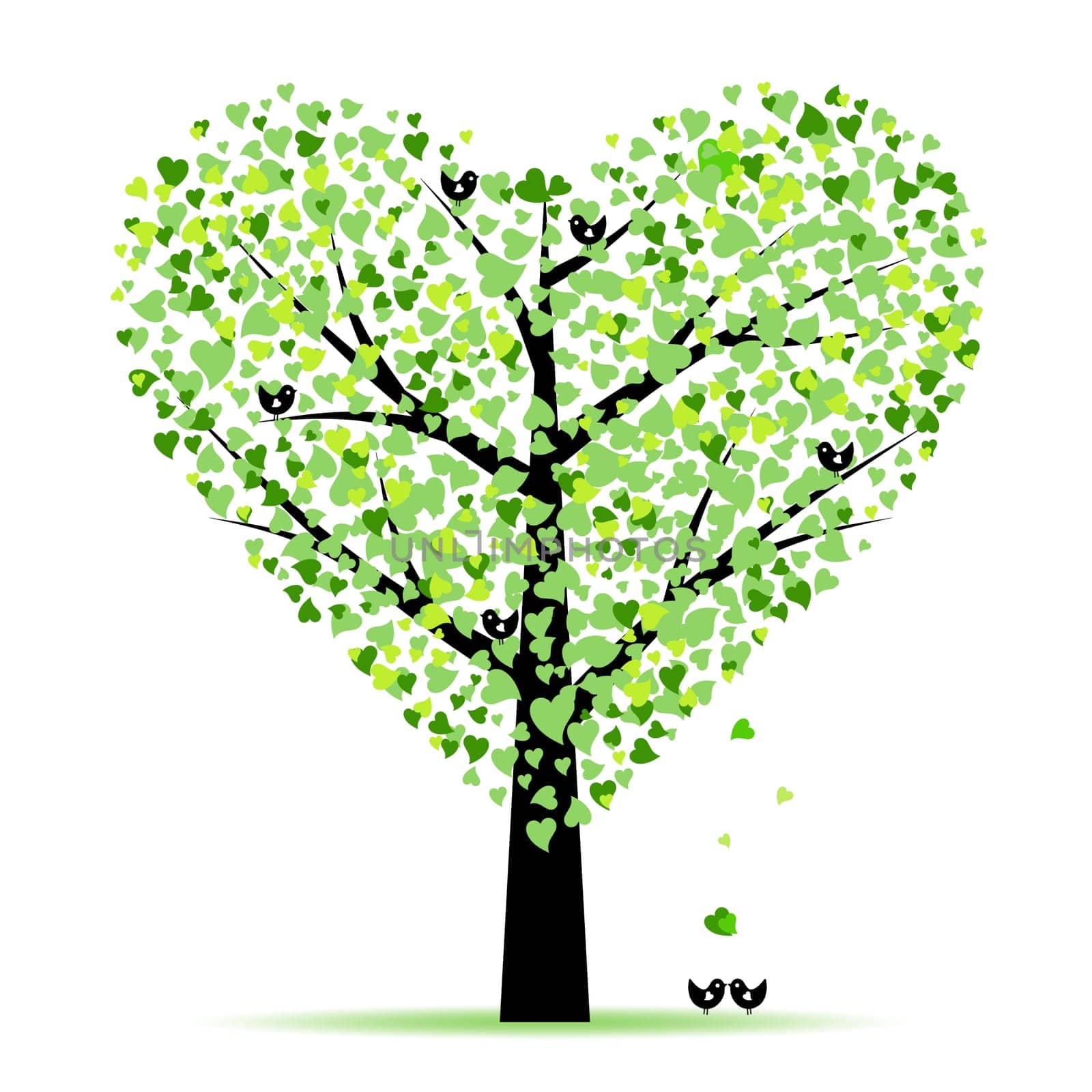 Valentine tree with hearts leaves and birds