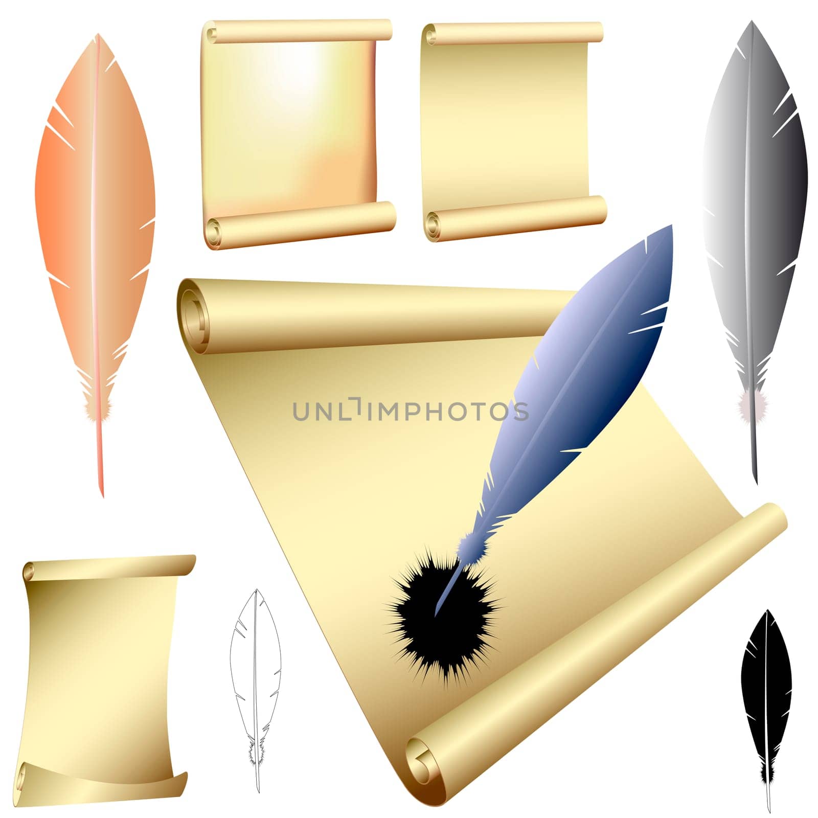 illustration of the various quills and scrolls