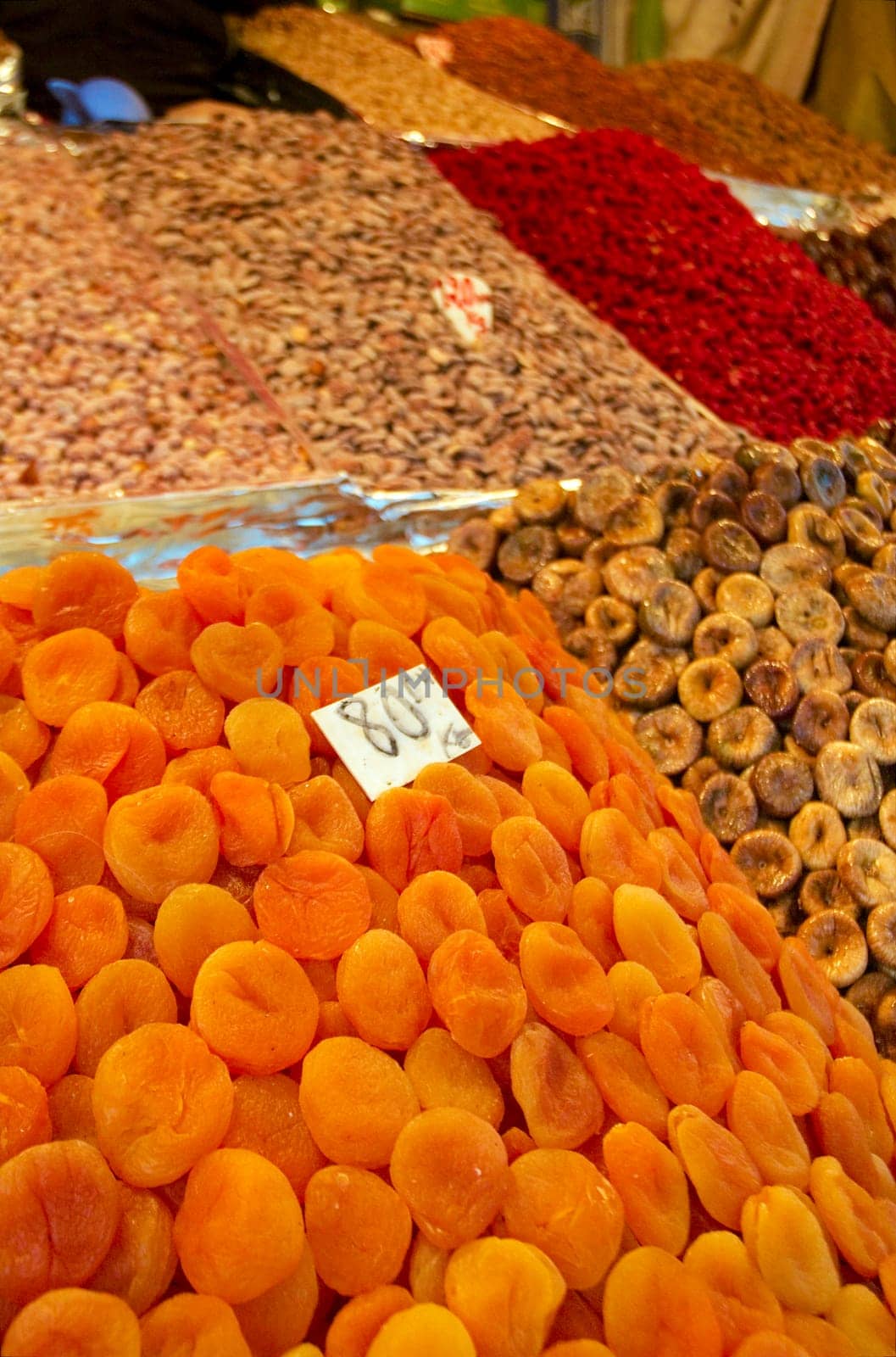 Piles of dried apricots at a street vendor at Morroco