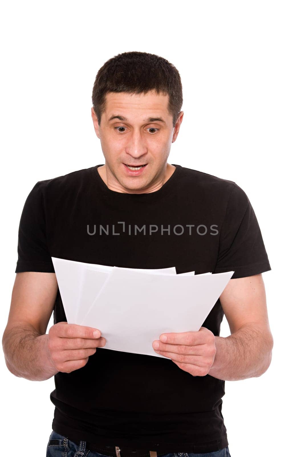 frightened man with letter isolated on white background