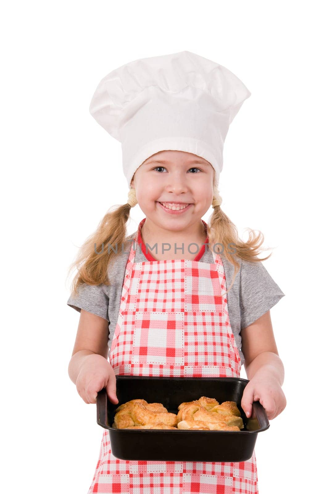 girl in chef&#039 s hat with baking  isolated on white background