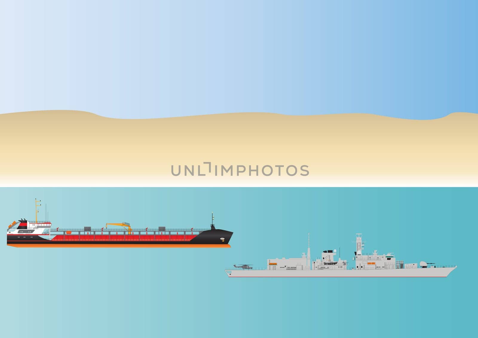 An Oil Tanker and escorting Warship in Dangerous Pirate Infested Waters