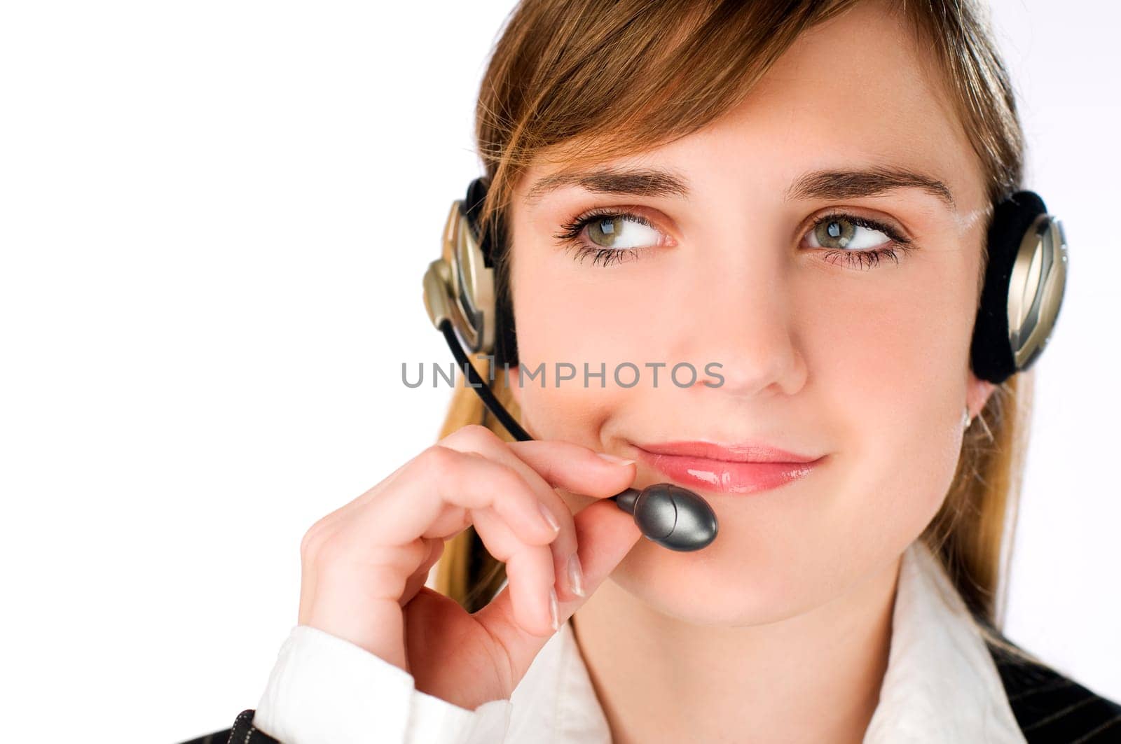 young brunette woman with headset close up