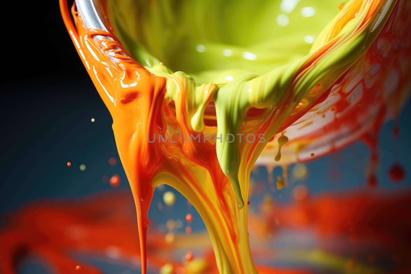Paint of different colors pours out of one can. Tinting.