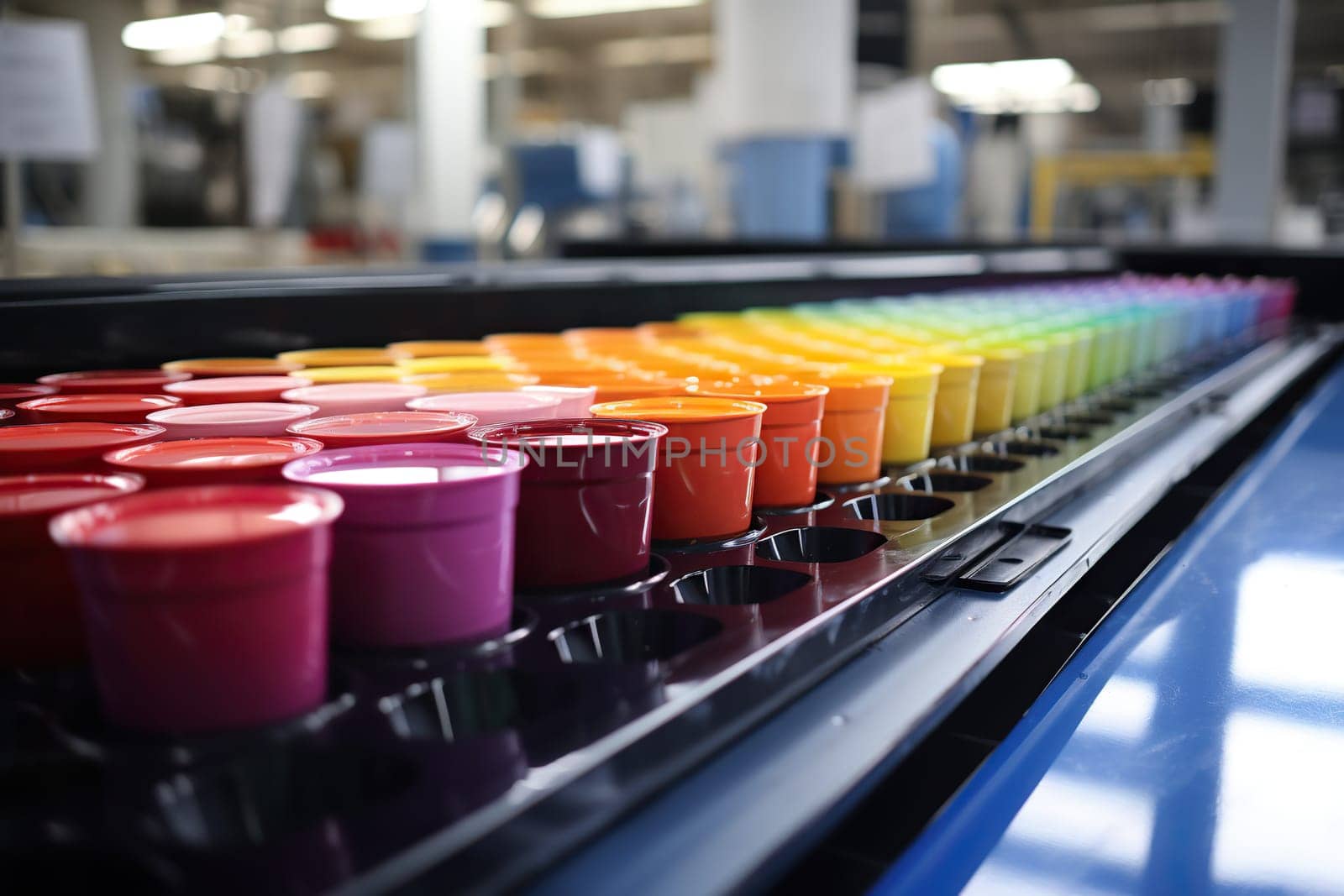 Factory for the production of paints. Jars of paint of different colors on a conveyor belt.