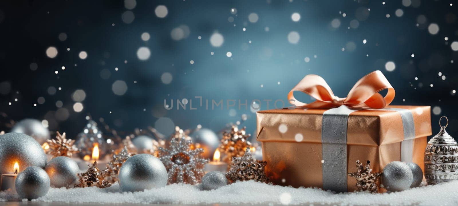 Christmas and New Year background - gift boxes, Christmas trees and toys on a background of bokeh garlands.