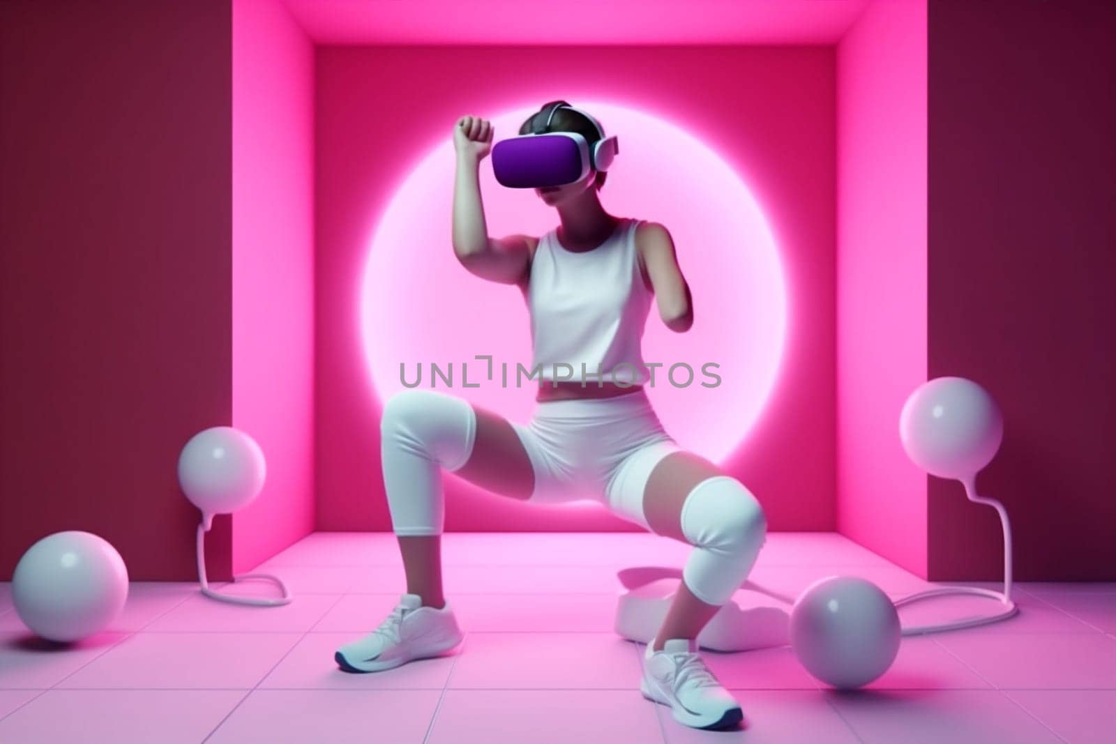 cyberspace woman reality background 3d freedom render gadget floating digital innovation game happy sport neon art virtual vr metaverse entertainment glasses technology. Generative AI.