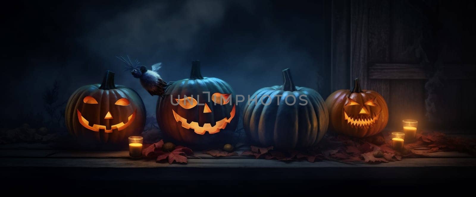 blue night pumpkin halloween background moon mystery horror table fear evil. Generative AI. by Vichizh