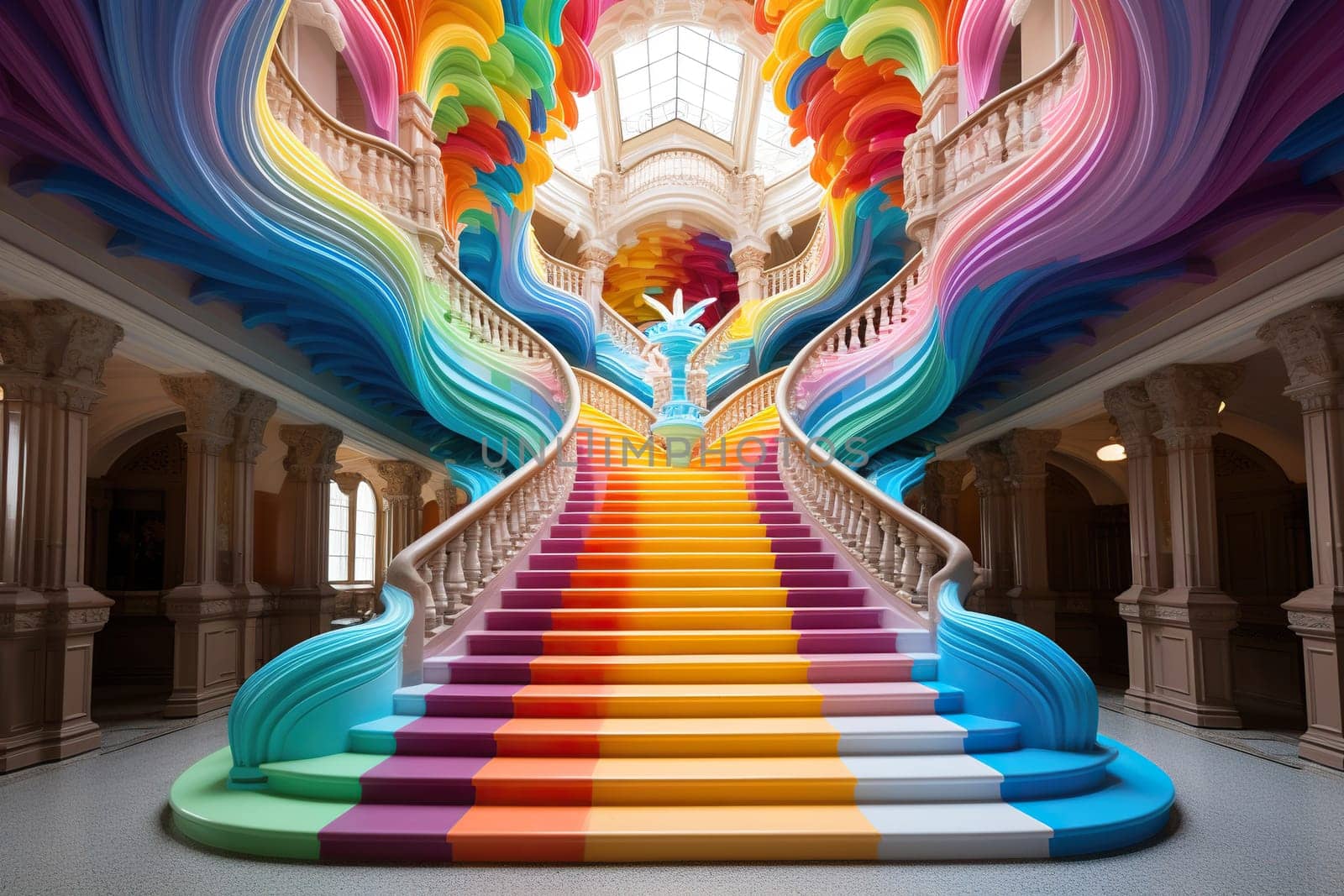 Multi-colored high staircase indoors . Rainbow colored steps.
