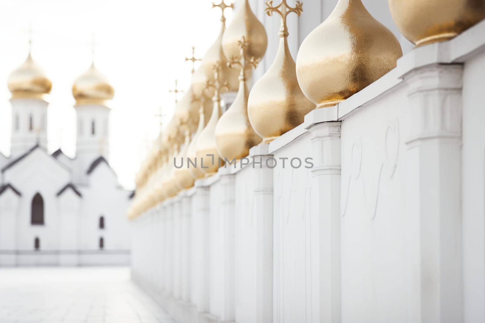 Bokeh exterior of a modern Orthodox Christian church.