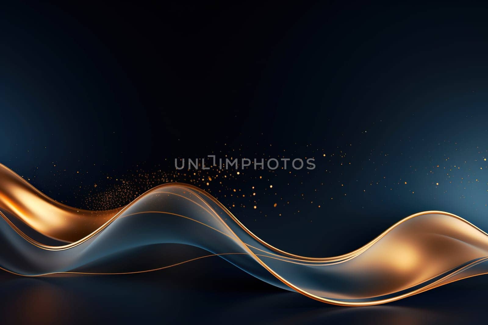 Abstract golden wave pattern with golden bokeh. Place for text on dark blue background.
