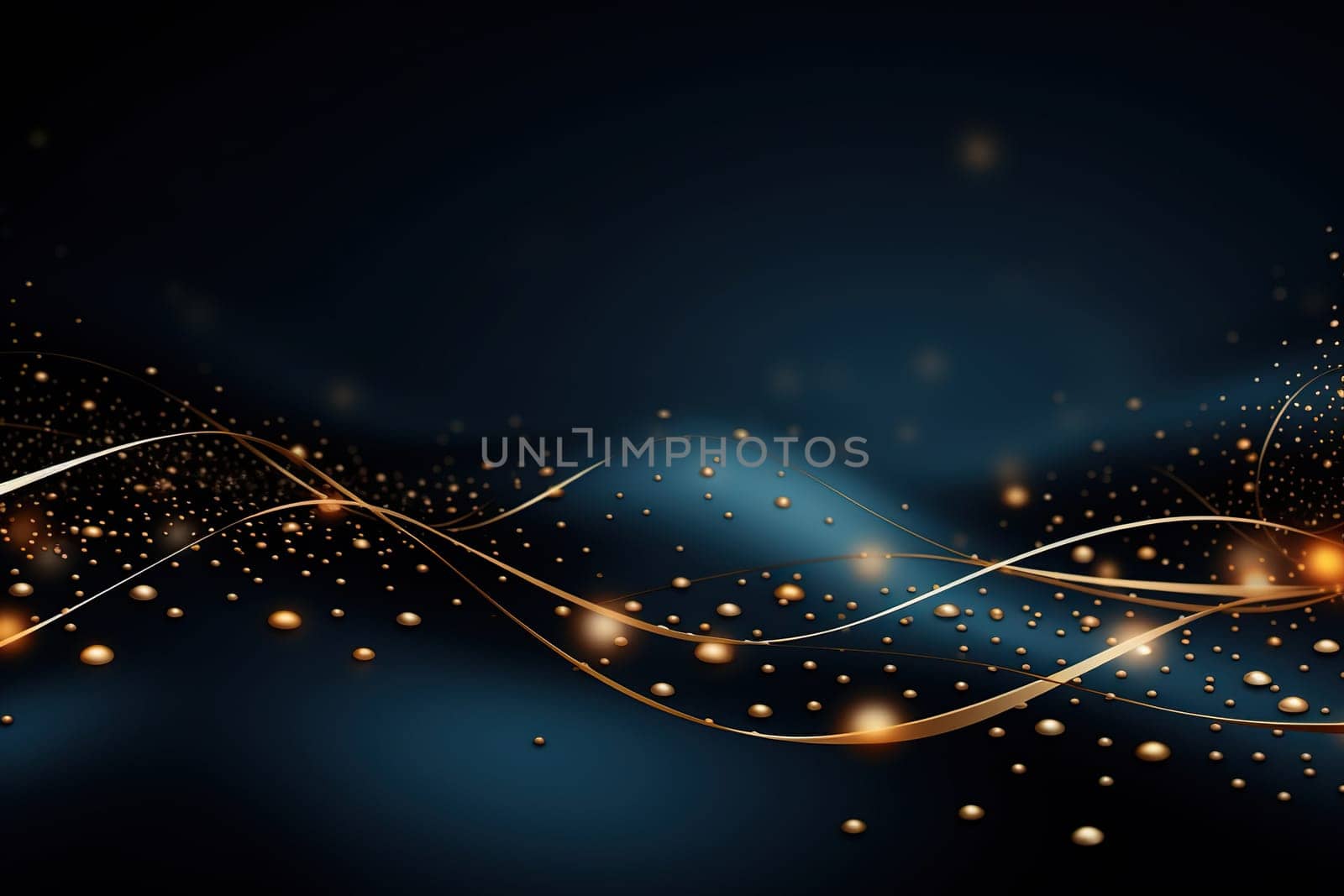 Elegant golden wave curve with golden bokeh. Place for text on dark blue background.