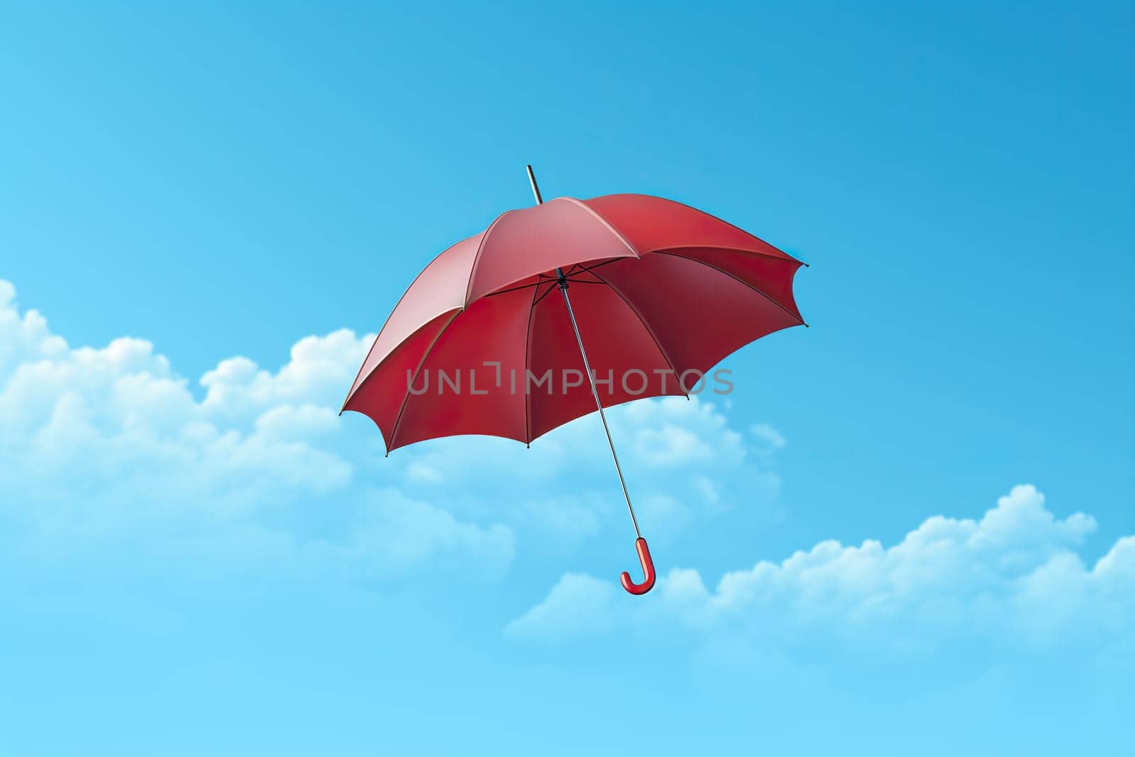 A red umbrella flies in the blue sky. Weather forecast concept. Generated by artificial intelligence