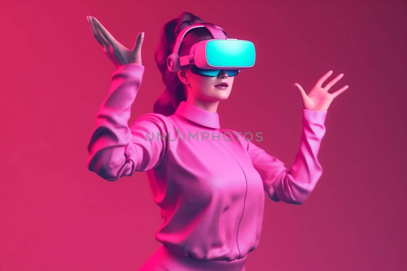 virtual woman sport vr glasses lifestyle reality innovation neon digital game. Generative AI. by Vichizh