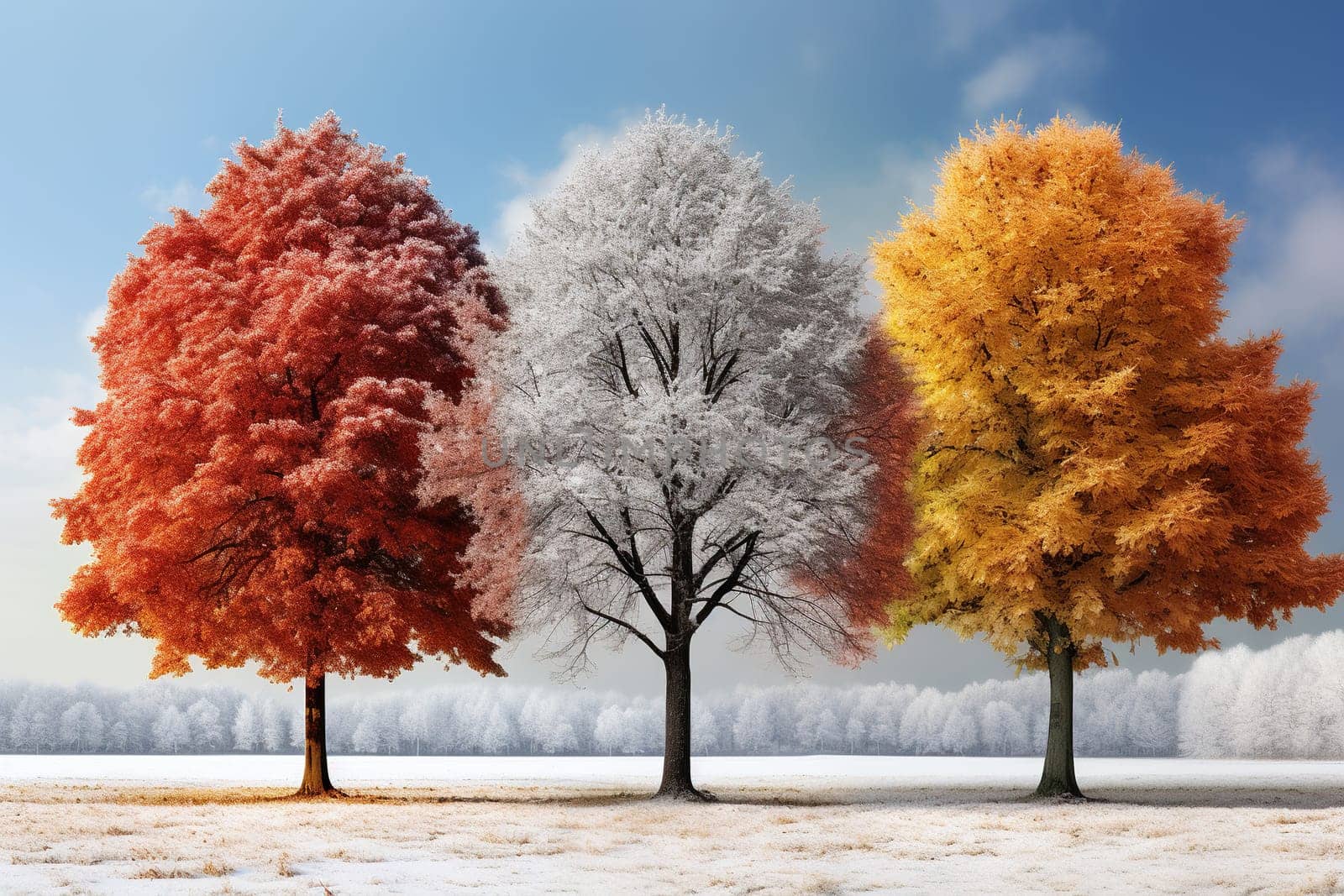 Three trees with red, yellow and white leaves stand in the middle of a snowy field. Unusual natural phenomenon concept. Generated by artificial intelligence