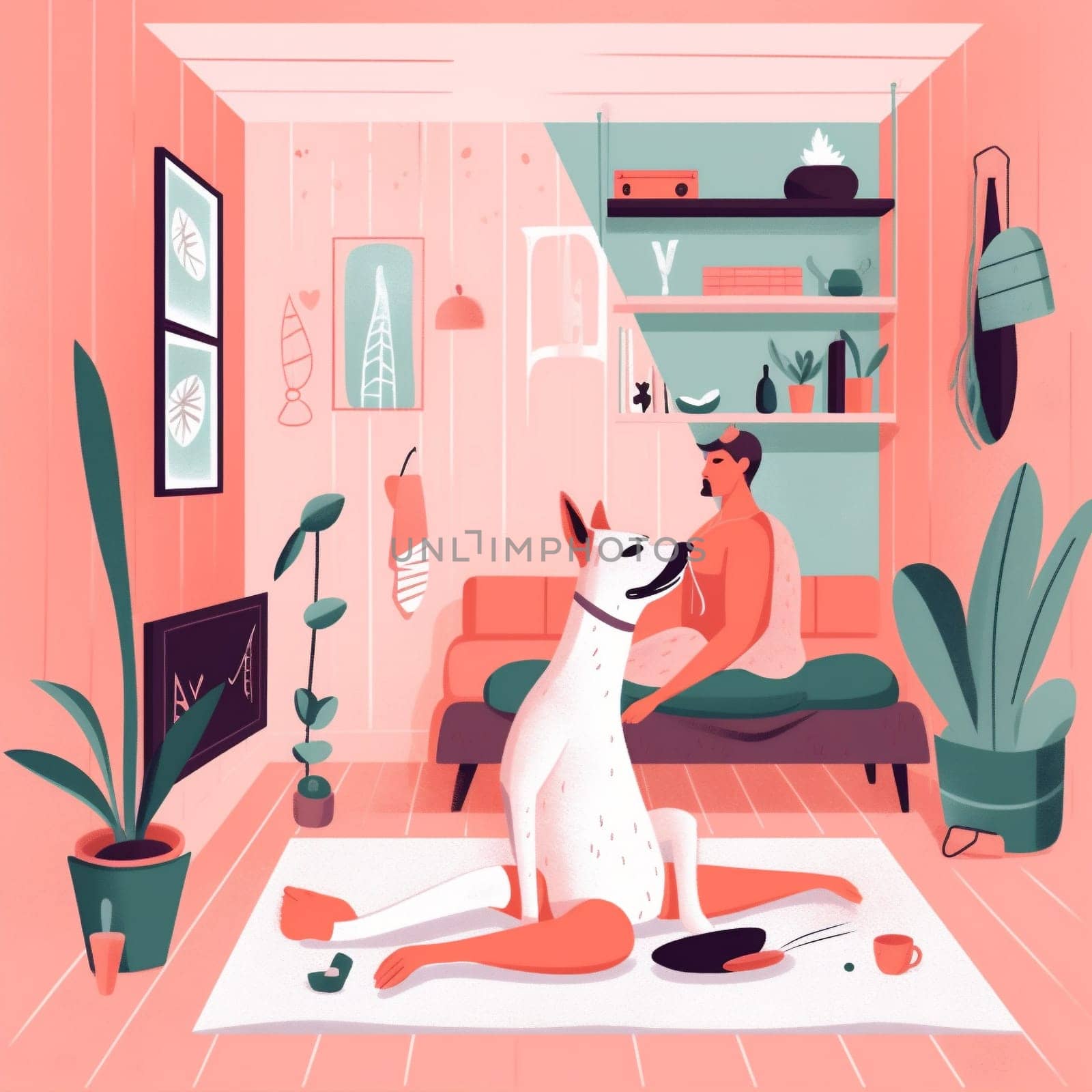 dog cartoon woman fitness training sportswear body yoga home lifestyle sport. Generative AI. by Vichizh