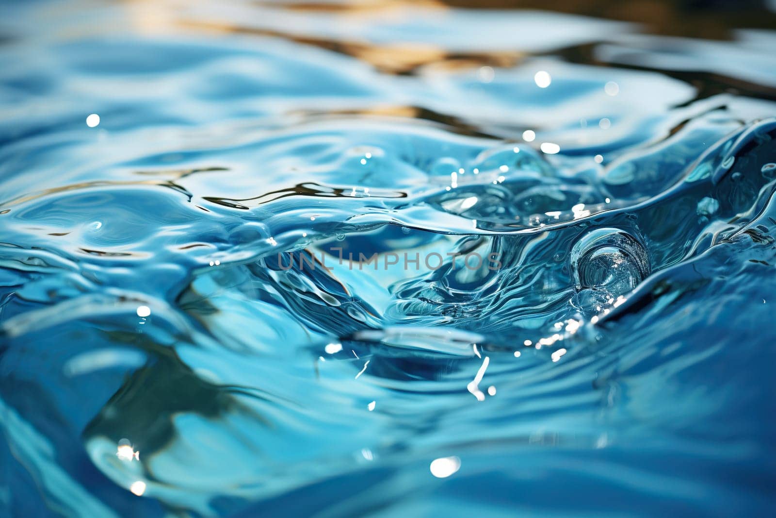 Transparent texture of the surface of calm blue water with waves and bubbles. Trendy abstract nature background. Water waves in sunlight with copy space. Generated by artificial intelligence