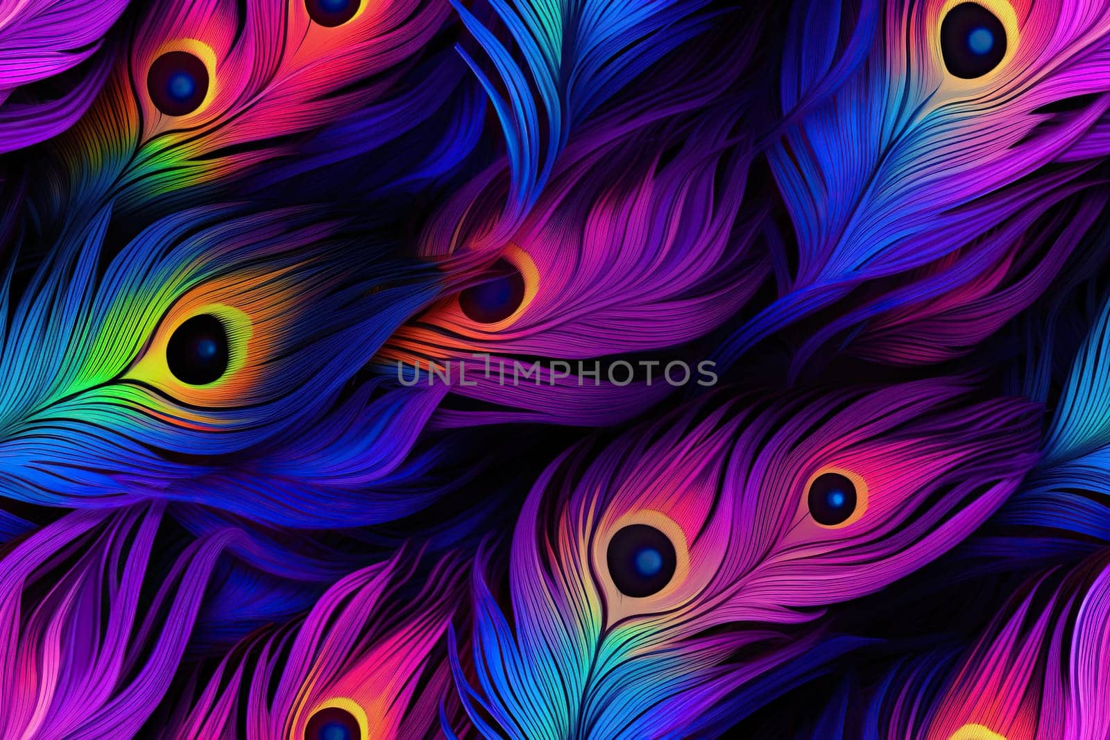 Colorful feathers, peacock feather pattern. Bright background. Generated by artificial intelligence