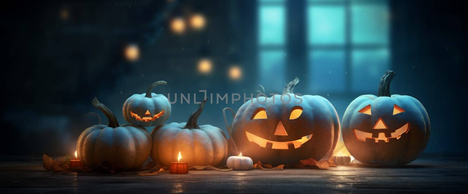 halloween table fear mystery evil background celebration night horror blue pumpkin. Generative AI. by Vichizh
