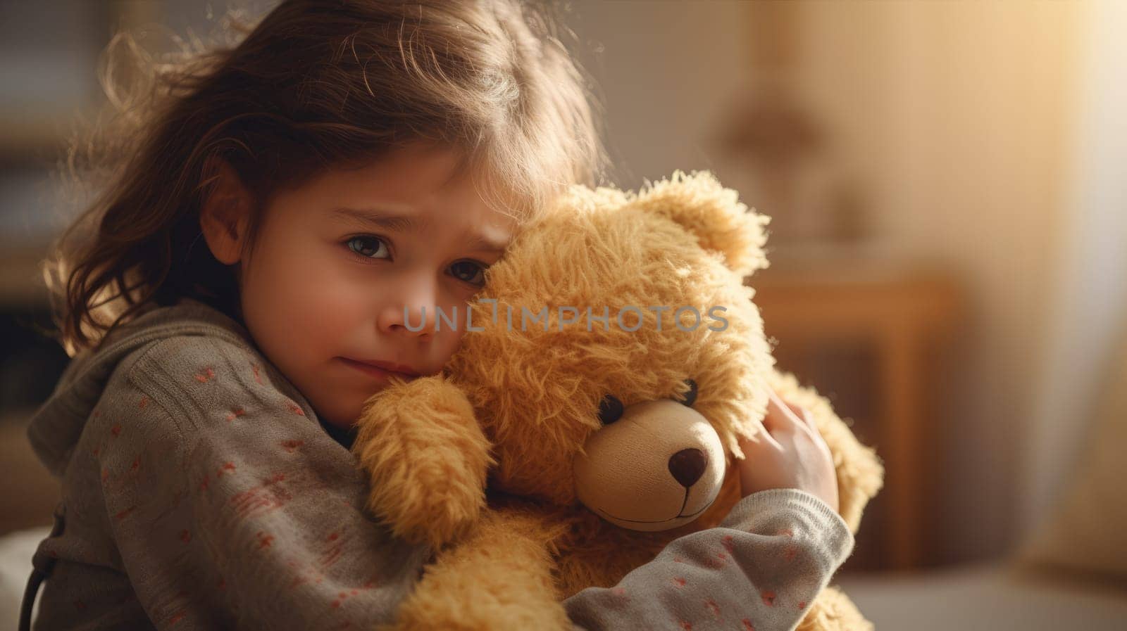 Little lonely girl hugging teddy bear, suffering loneliness, family problems. Sad child hugs a plush toy bear