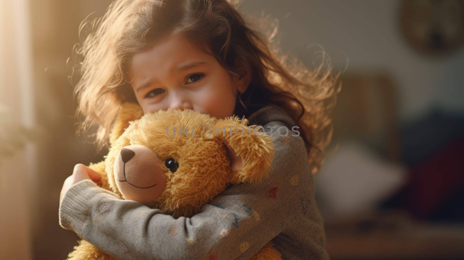 Little lonely girl hugging teddy bear, family problems. Sad child by natali_brill