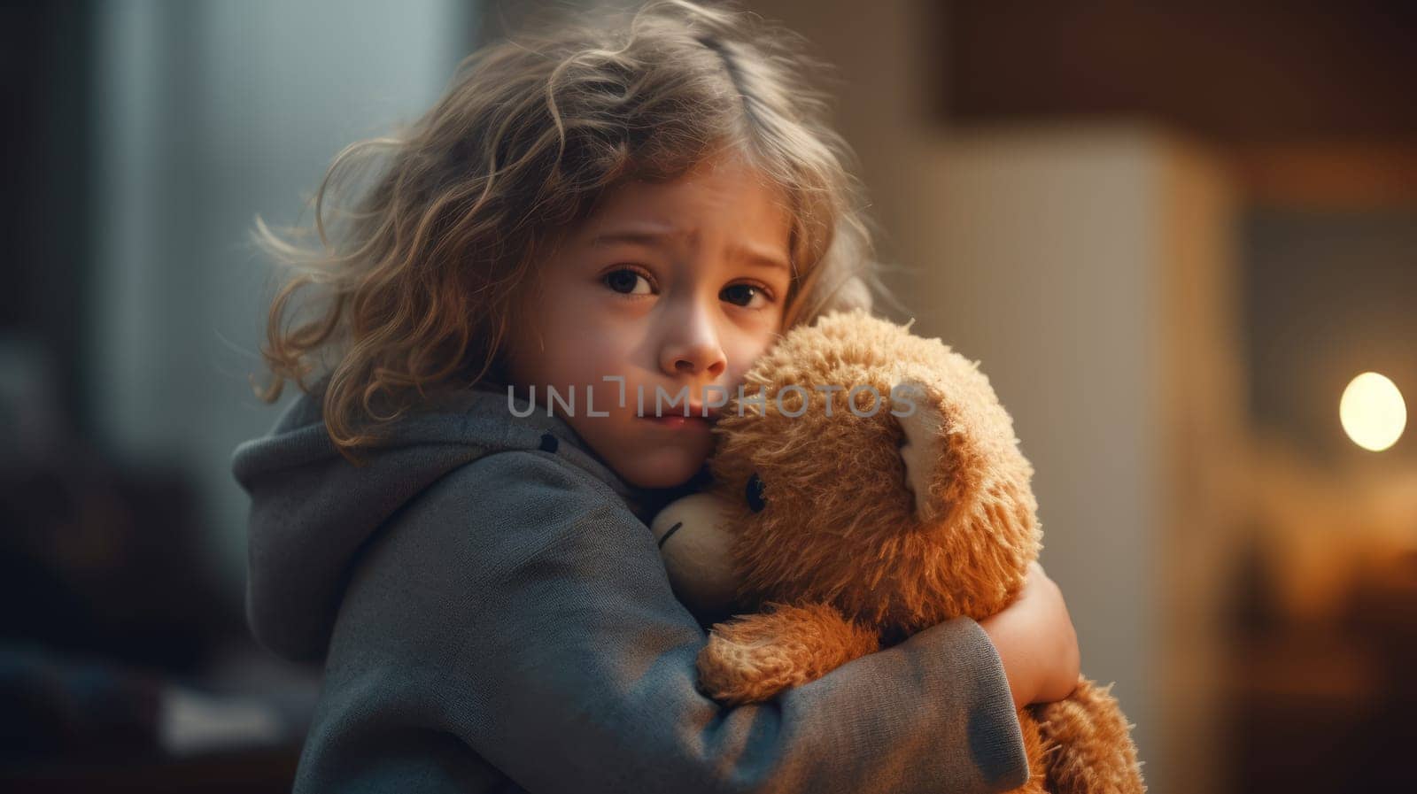 Little lonely girl hugging teddy bear, suffering loneliness, family problems. Sad child hugs a plush toy bear