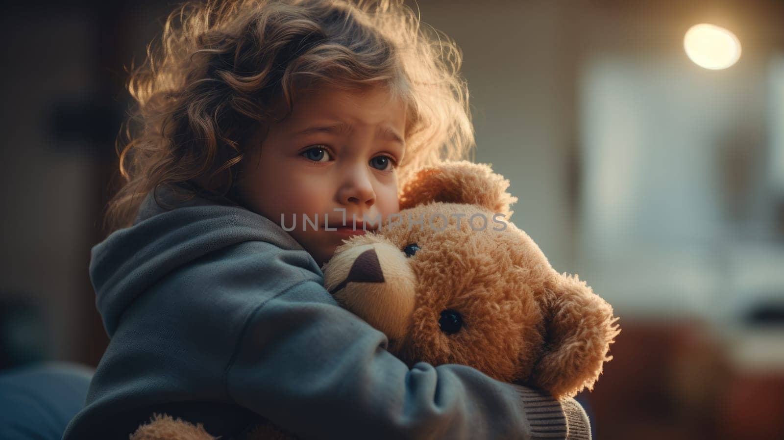 Little lonely girl hugging teddy bear, suffering loneliness, family problems. Sad child hugs a plush toy bear