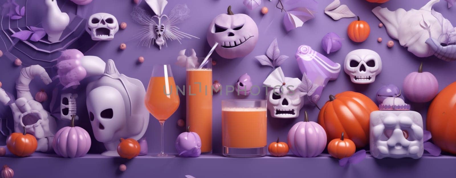 black traditional purple party skittish halloween holiday bat spider trick sweet celebration orange background candy creepy spooky pumpkin table horror. Generative AI.