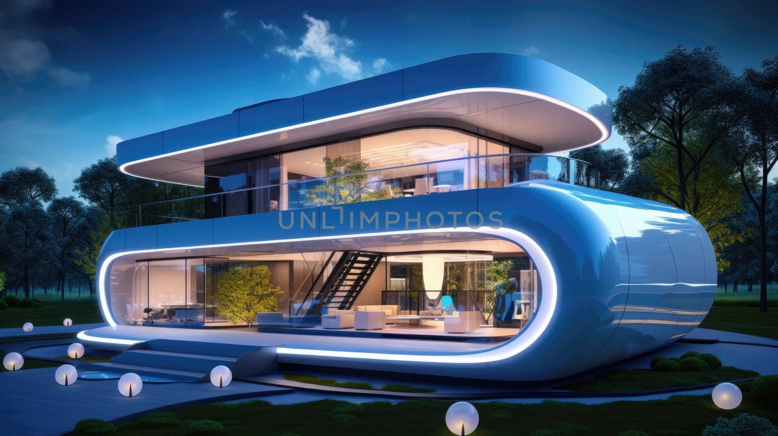 Futuristic smart living house with digital technologies. Smart home. Exterior. AI