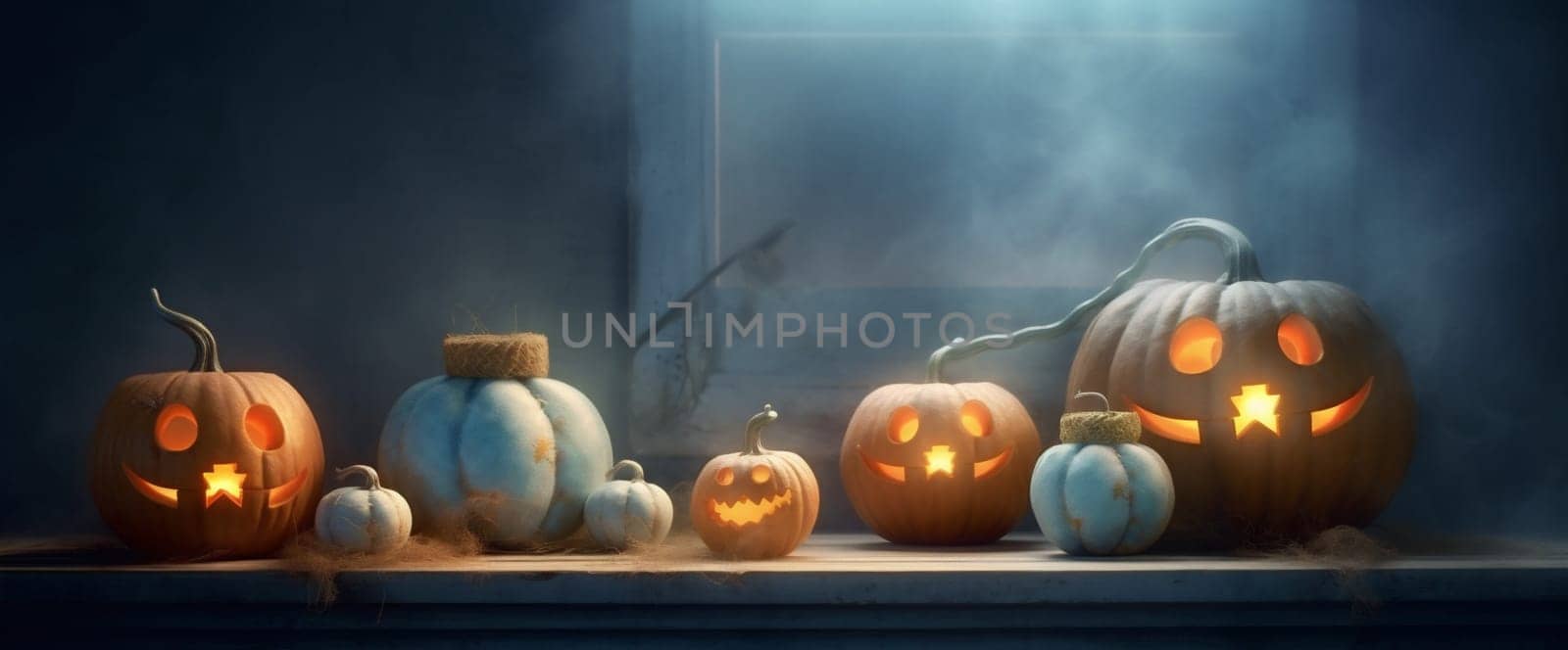 halloween blue table pumpkin evil background night celebration fear horror mystery. Generative AI. by Vichizh