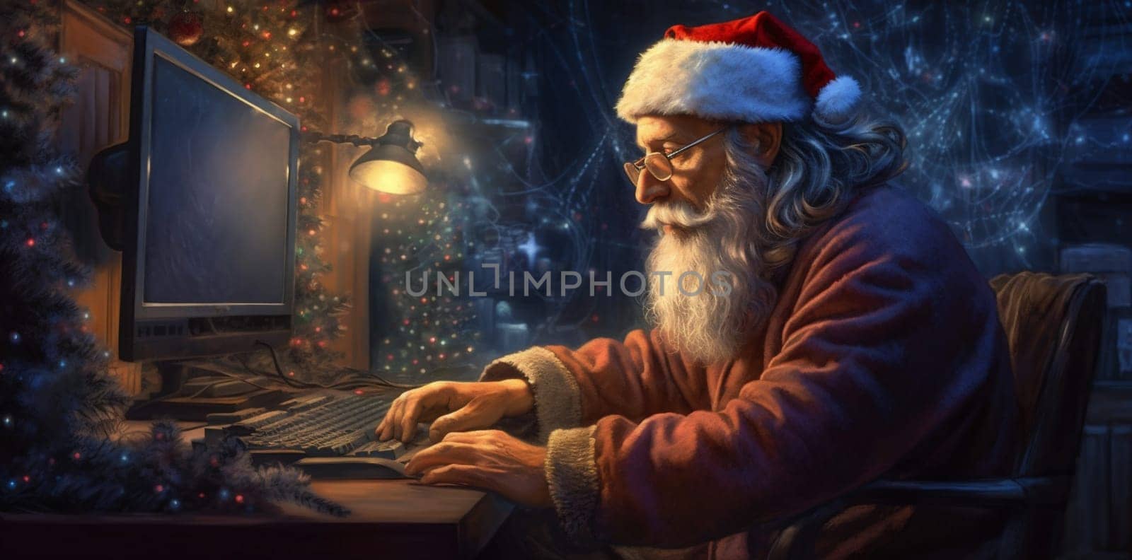 man present happy house virtual person santa concept online decoration family cartoon christmas character tree holiday cyberspace communication laptop home. Generative AI.