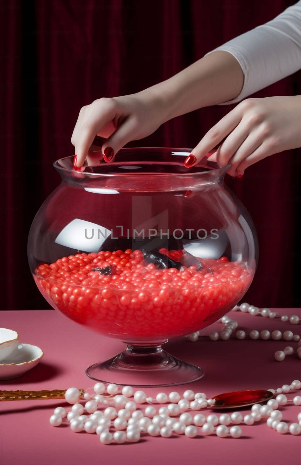 woman underwater art coiffure stylish fish fashion vintage water glamour model make-up nutrition caviar concept salmon female pearl retro color lady. Generative AI.
