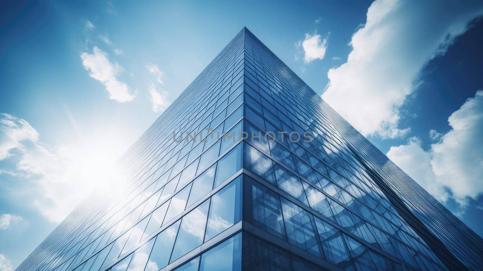 Modern office buildings skyscrapers taken from below with blue cloudy sky in the back. AI