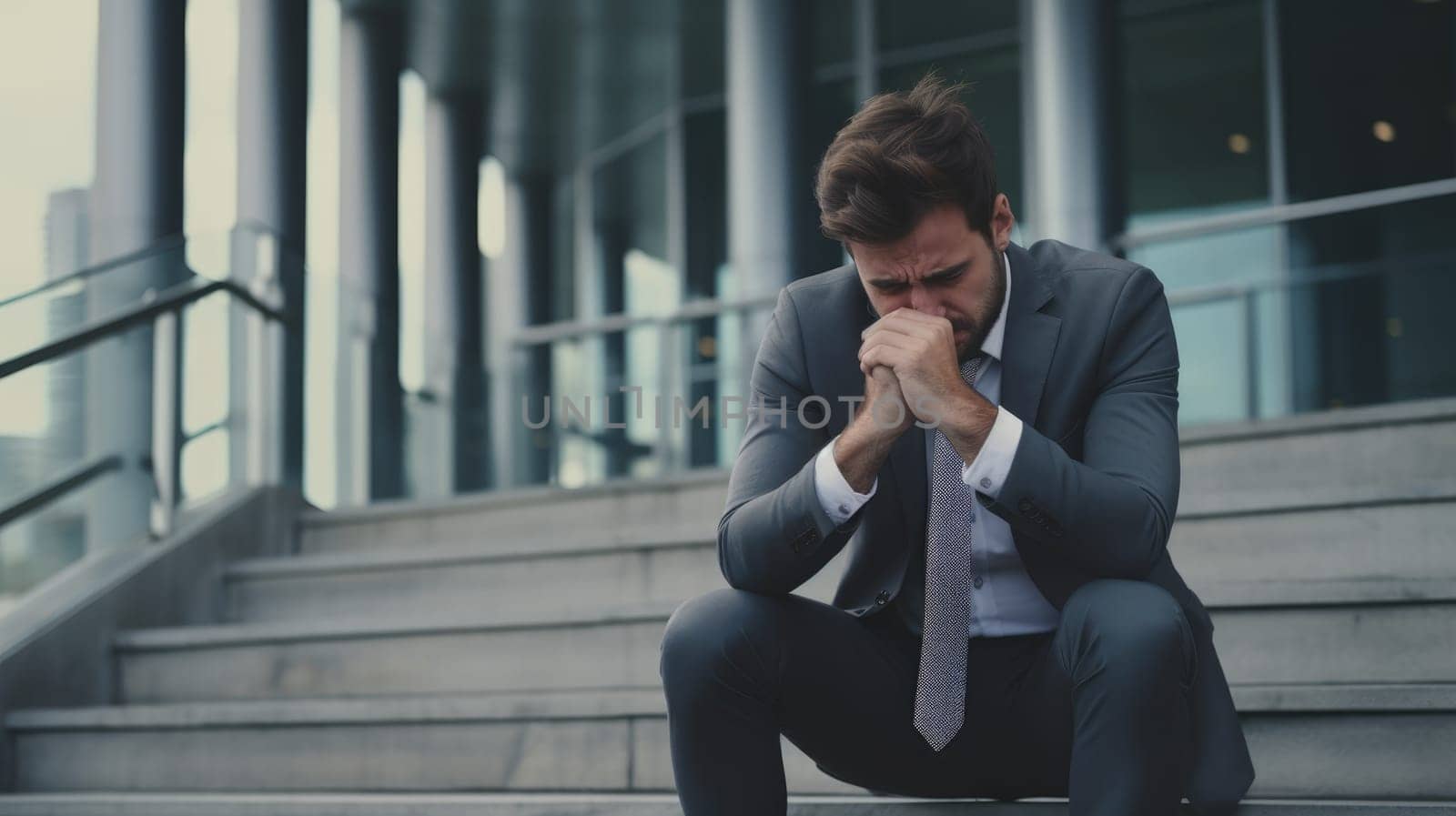 Sad businessman sitting on the steps. Dismissal and business failures. Blurred background. AI