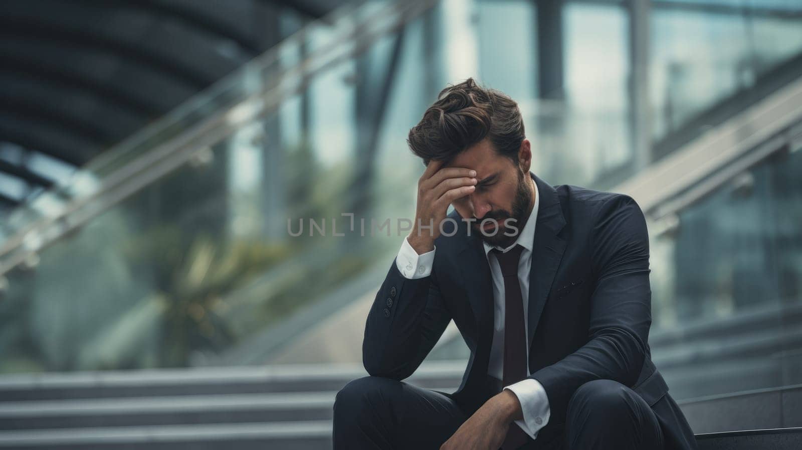Sad businessman sitting on the steps. Dismissal and business failures. Blurred background. AI