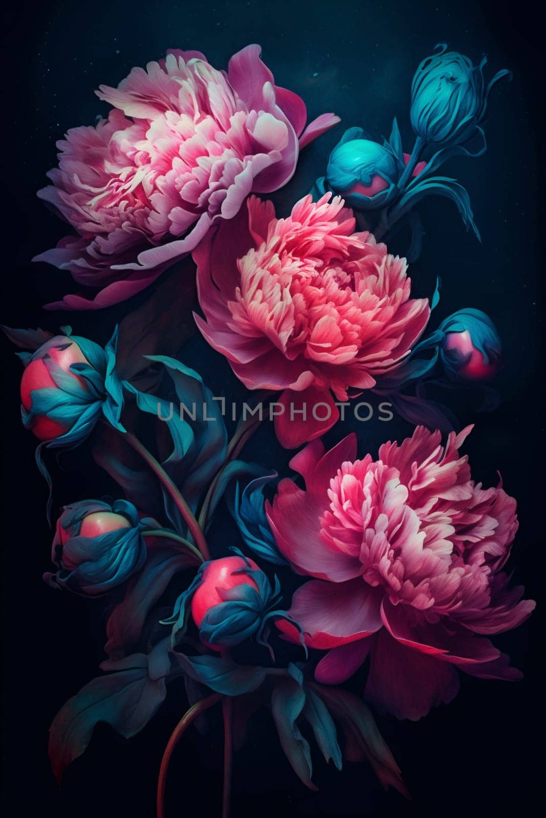 blossom spring dark neon plant floral fresh flora bloom nature beautiful peony high-coloured design pattern bright leaf colourful flower colours. Generative AI.