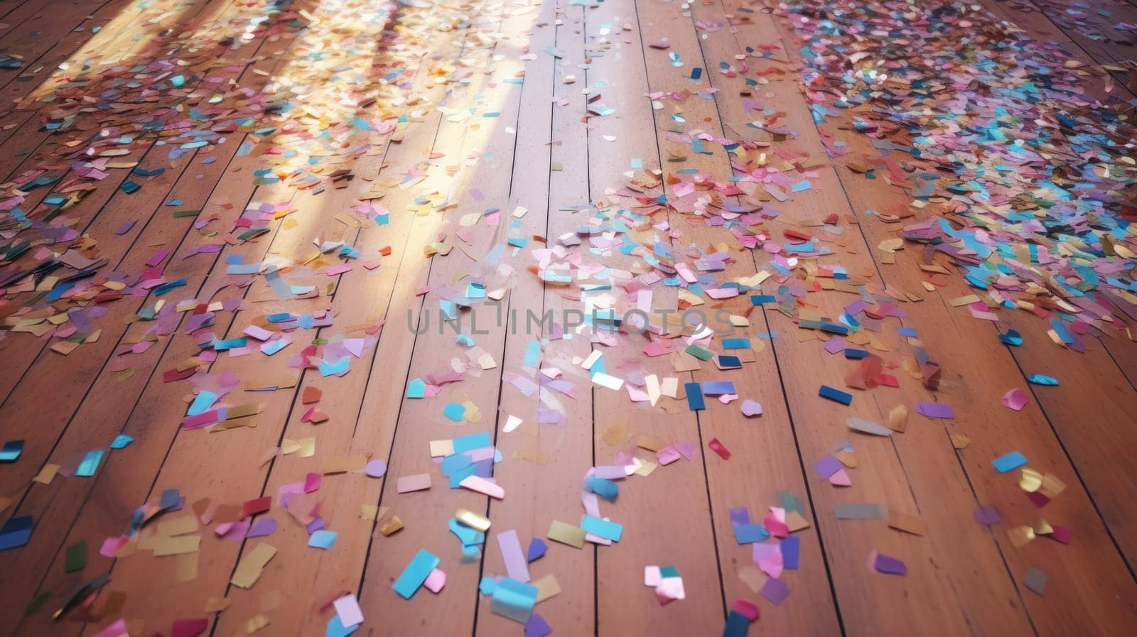 Background floor with shining confetti. Cleaning up after the holiday, the consequences of the party. AI