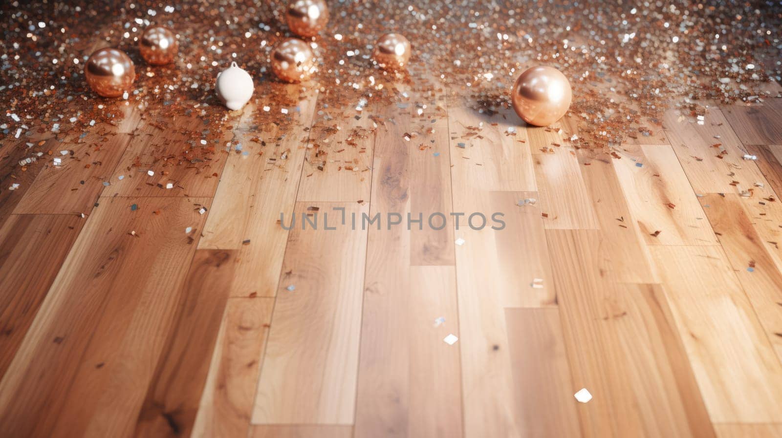 Background floor with shining confetti. Cleaning up after the holiday, the consequences of the party. AI