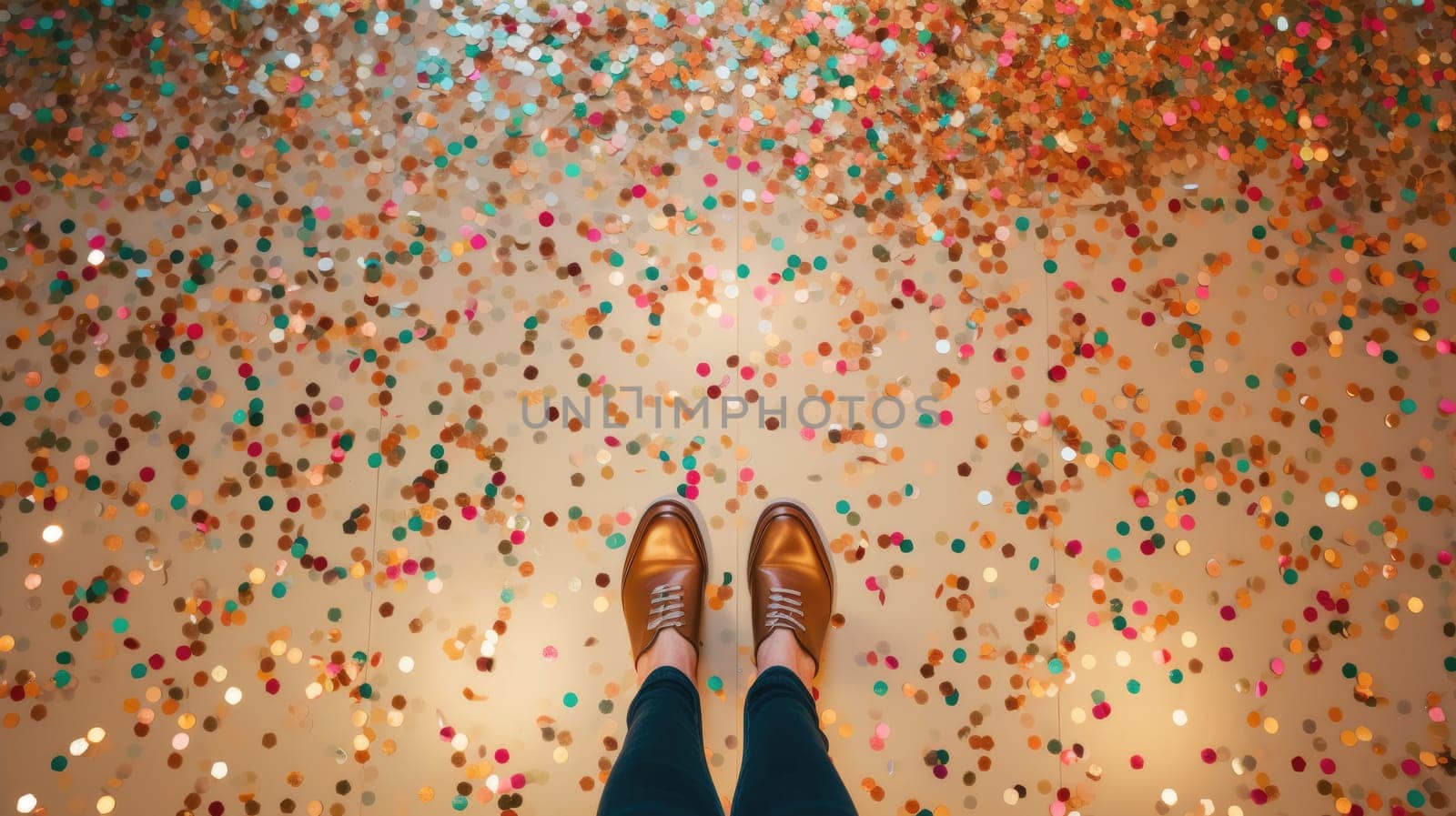 Background floor with shining confetti and legs. Cleaning up after the party by natali_brill