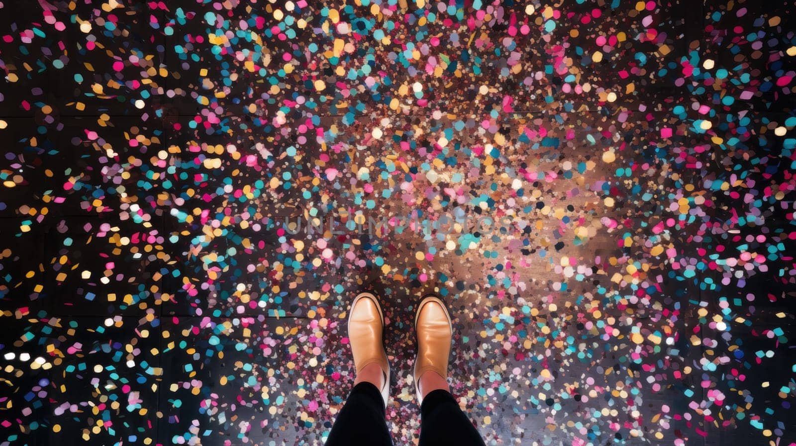 Background floor with shining confetti and legs. Cleaning up after the holiday, the consequences of the party. AI