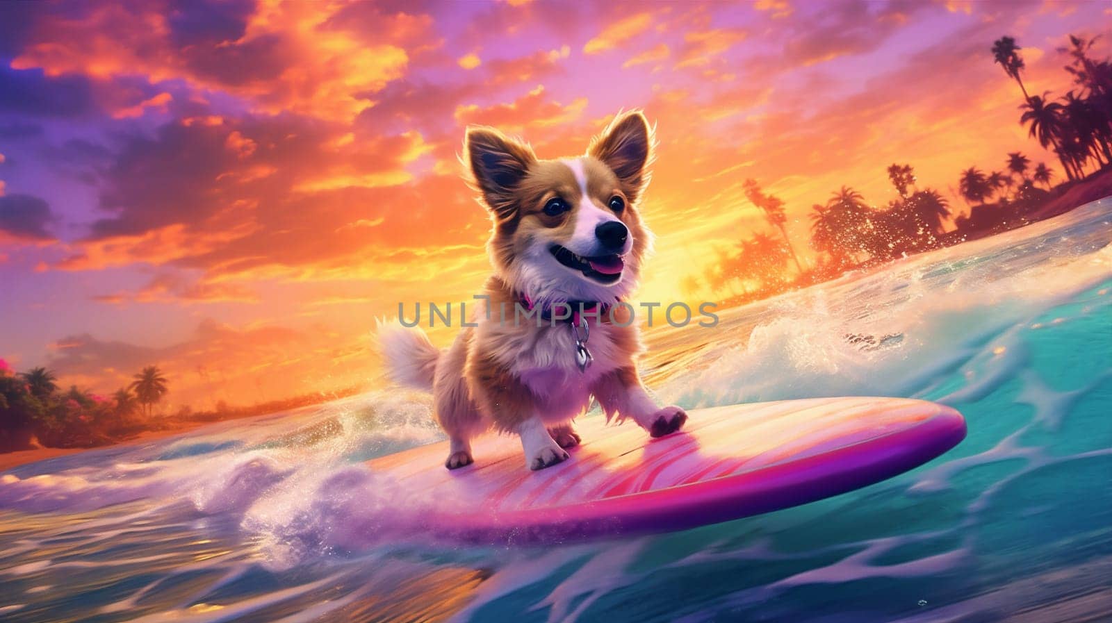 funny dog surfer ocean wave animal summer beach puppy vacation. Generative AI. by Vichizh