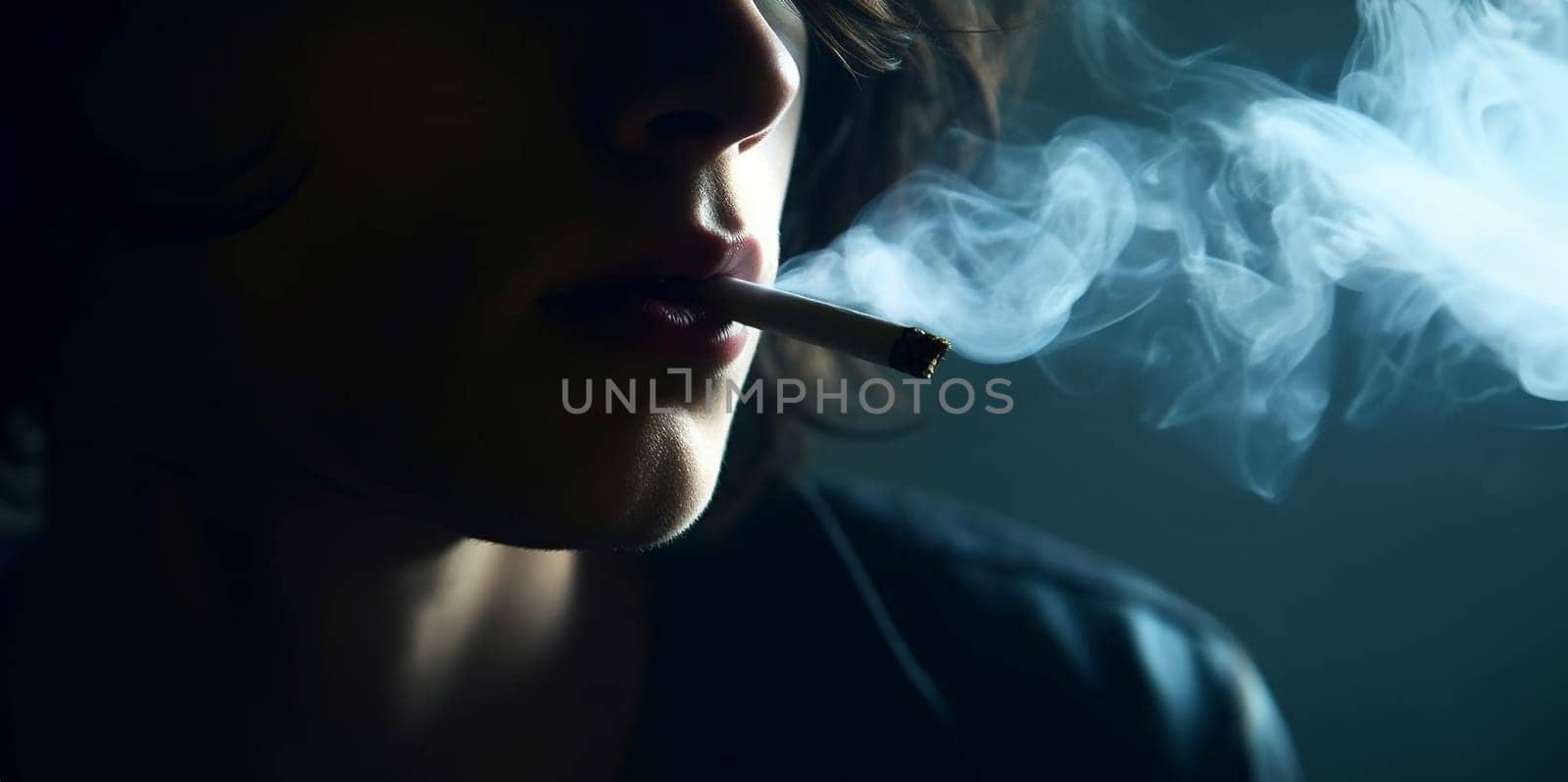 Teenager smokes cigarette. Substance abuse, addiction, people and bad habits concept close up of young man or girl smoking cigarette copy space. by Annebel146