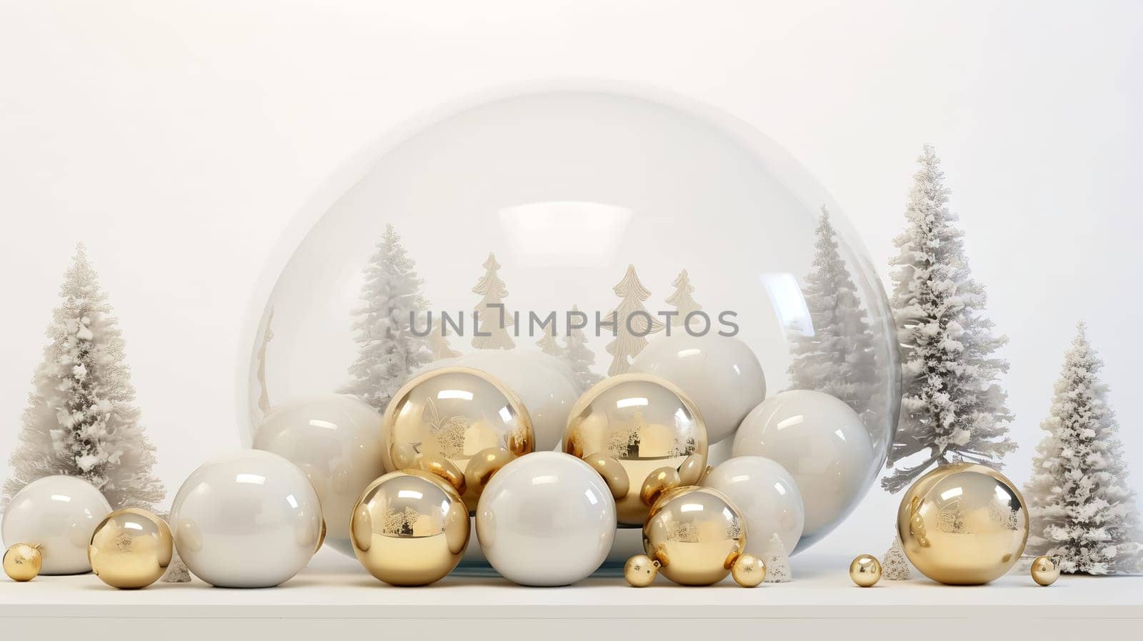 Luxurious Christmas decorations with glass balls and Christmas tree decorations, in white and gold colors. AI Generated.