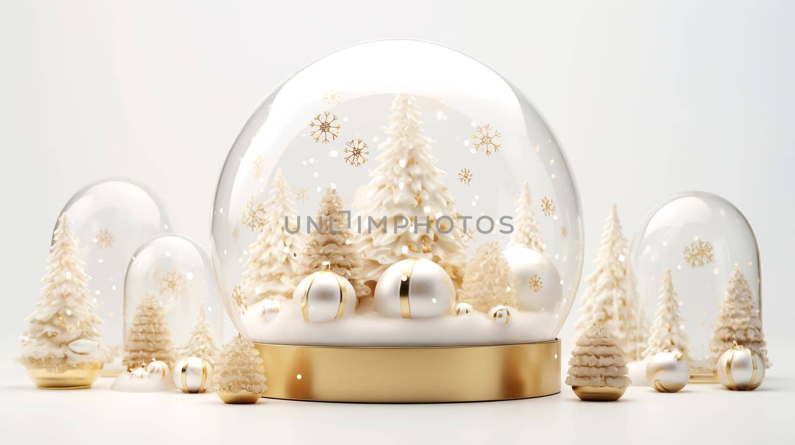Luxurious Christmas decorations with glass balls and Christmas tree decorations, in white and gold colors. AI Generated.