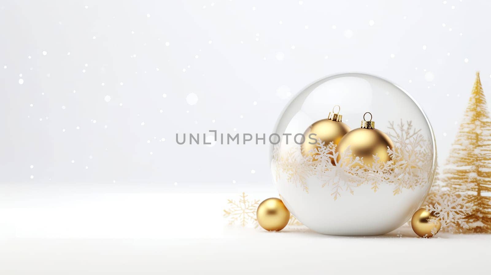 Luxurious Christmas decorations with glass balls and Christmas tree decorations, in white and gold colors. AI Generated.