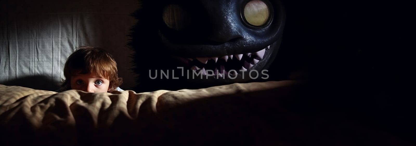 Monster in bedroom of child. Dark scary shadows. Fear of darkness concept. Little child scared of monster from nightmare. Lying in bed without sleep and being afraid of ghost. Isolated flat illustration copy space Space for text